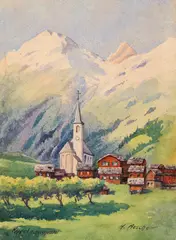 Hans Aescher, Vedere din Kippel, acuarelă pe hârtie