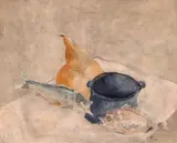 Serghei Niculescu Mizil, Natură statică cu pești și tărtăcuță, 1982, ulei pe pânză
