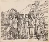 Cuplul Prezidențial Nicolae și Elena Ceaușescu în vizită pe șantier by Octavian Ioan Penda, tuş pe hârtie, sold Jan 2025