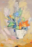 Cană cu flori by Constantin Piliuță, anii '50, ulei pe carton, sold Jan 2025