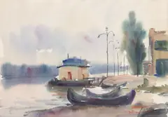 Constantin Găvenea, Lotci în Tulcea, acuarelă pe hârtie