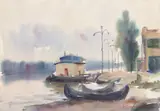 Constantin Găvenea, Lotci în Tulcea, acuarelă pe hârtie
