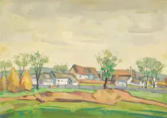 La marginea satului by Spiru Chintilă, anii '70, ulei pe carton, sold Jan 2025