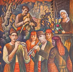 Stoyan Domuschiev, The musicians of Veliko Tarnovo, 1980s, watercolour on paper