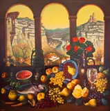 Stoyan Domuschiev, Still life with fish and fruits, 1980s, oil on canvas