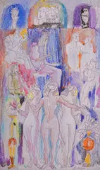 Dimitar Kirov, The three graces, dry crayon and watercolor on cardboard