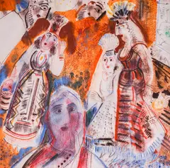 Folk costumes by Dimitar Kazakov-Neron, 1980s, watercolour, crayons and charcoal on paper laid on cardboard, sold Dec 2024