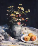 Dobri Pavlov Dobrev, Still life with wildflowers and apricots, oil on canvas