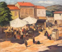 Nikola Tanev, Market in Karlovo, 1940s, oil paints on cardboard