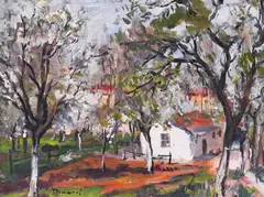 Konstantin Tringov, Spring landscape in the village, 1940s, oil on canvas laid on cardboard
