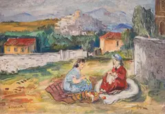 Bencho Obreshkov, Embroiding in the garden, 1940s, oil on canvas