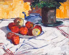 Nikola Tanev, Still Life with Apples and Blue Teapot, 1930s, oil paints on canvas