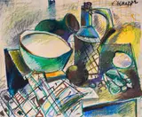Still life with jug and fruits by Edmond Demirjian, 1982, crayon on paper, sold Dec 2024