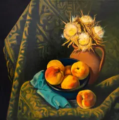Borislav Domuschiev, Still life with peaches and thorns, oil on canvas