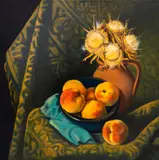 Borislav Domuschiev, Still life with peaches and thorns, oil on canvas
