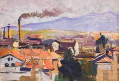 Industrial landscape by Boris Denev, 1950s, oil on cardboard, sold Dec 2024