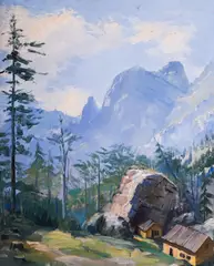 Nikola Valchev, Houses in the mountains, 1940s, oil on canvas