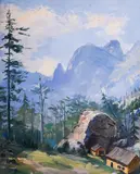 Nikola Valchev, Houses in the mountains, 1940s, oil on canvas