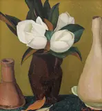Leon Biju, Magnolie și vase egiptene, 1930-1934, ulei pe carton