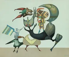 Tendințe extreme, care se întâlnesc by Jules Perahim, 1977, ulei pe carton, sold Dec 2024