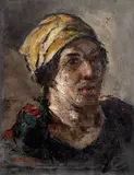 Lucreția, soția artistului by Gheorghe Petrașcu, 1928, ulei pe pânză, sold Dec 2024