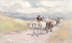 Care cu boi, de la câmp by Nicolae Grigorescu, cca. 1890, ulei pe lemn, sold Dec 2024