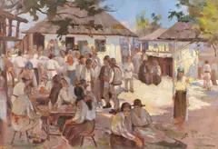 Zi de sărbătoare by Nicolae Enea, a doua jumătate a anilor '20, ulei pe carton, sold Dec 2024