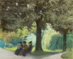 Nicolae Gropeanu, O după-amiază în parc, guașă și pastel pe hârtie lipită pe carton