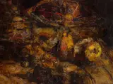 Mere, pere și struguri by Rudolf Schweitzer–Cumpăna, sfârșitul anilor '60, ulei pe carton, sold Dec 2024