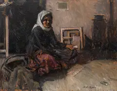 Pauză în atelier (La ghicit) by Leon Biju, ulei pe carton, offered Dec 2024