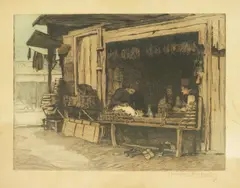 Tomislav Krizman, Cobbler's Shop, cca. 1907., colored copper engraving on paper