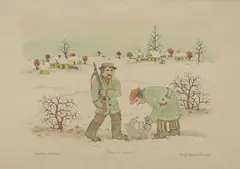 Josip Generalić, Hunters with a Hare, 1980., watercolor copper engraving on paper