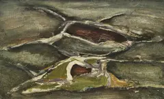 Borders on the Hill by Frano Šimunović, 1960-ih, oil on canvas glued to cardboard, sold Dec 2024