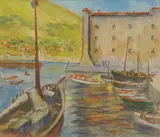 Elza Vučetić Wieland-Schmidt, Dubrovnik Harbor, watercolor, chalk and ink on paper