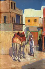 Scenă egipteană by Geo (George) Cardaş, ulei pe carton, sold Nov 2024