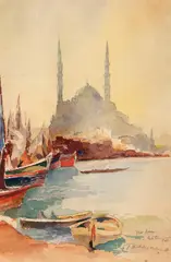 Józef Pankiewicz, Moschea Nouă (Yeni Camîi), 1908, acuarelă și creion pe hârtie