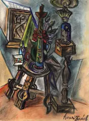 Henri Daniel, Interior oriental, cărbune, creioane colorate și accente de acuarelă pe hârtie