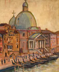 Paul Verona, Gondole la Veneția, 1939, ulei pe pânză lipita pe carton