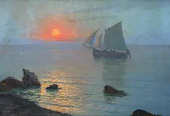 Apus pe mare by Dimitrie Florian, ulei pe carton, sold Nov 2024