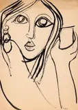 Tia Peltz, Portret cu pahar, tuș pe hârtie