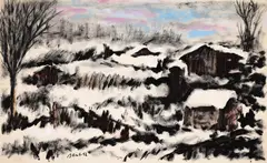 Peisaj de iarnă by Dimitrie Berea, guașă pe carton, sold Nov 2024