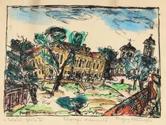 Dragoș Morărescu, Palatul Ghica Tei, 1975, litografie și acuarelă