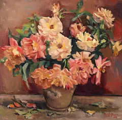 Bujori by Ion Panteli Stanciu, 1947, ulei pe carton, sold Nov 2024