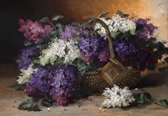 Elena Müller-Stăncescu, Coș cu liliac, ulei pe carton