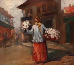 Florăreasă pe Lipscani by Pan Ioanid, ulei pe carton, offered Nov 2024