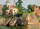 Peisaj din Grecia by Constantin Isachie Popescu, ulei pe carton, offered Nov 2024