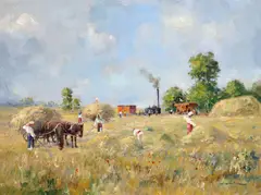 La seceriș by Constion, ulei pe carton, sold Nov 2024