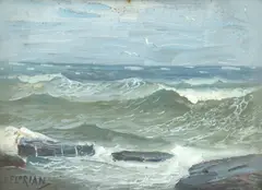 Marea învolburată by Dimitrie Florian, ulei pe carton, sold Nov 2024