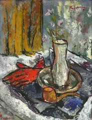 George Ștefănescu, Natură statică cu pipă și mănuși roșii, 1965, ulei pe carton
