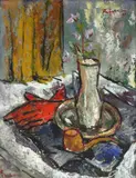 George Ștefănescu, Natură statică cu pipă și mănuși roșii, 1965, ulei pe carton